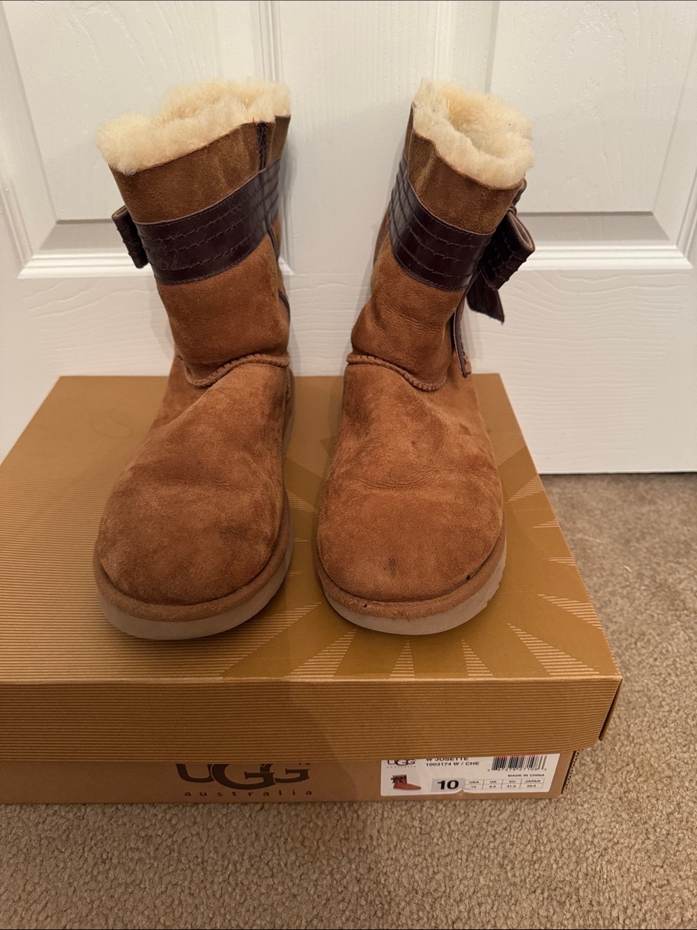 UGG Women's Short Chestnut Suede Shearling Boots with Bow Accent